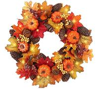 IMOPUITI Autumn Wreaths with LED Light 40cm/15.7in Halloween Wreath with Pumpkin Berry Pine Cone Maple Leaves for Halloween Thanksgiving Autumn Front Door Decoration (2025 Upgrade)