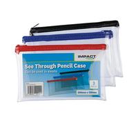 IMPACT 3 Pack Clear Pencil Case for Exams - Transparent Zippered Pencil Case for School, Home, Office & Travel - Blue, Black & Red - 200 x 120mm