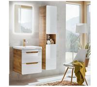 Impact Furniture Bathroom Cabinets Furniture Set 500mm Small Sink And Vanity With Tallboy Unit Wall Hung White Gloss Oak Effect Aruba
