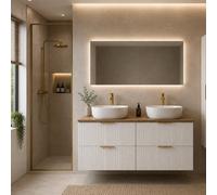 Impact Furniture Bathroom Double Vanity Unit Basins Oak Countertop 1200mm Worktop Ribbed Fluted White Drawers Wall Hung Adel