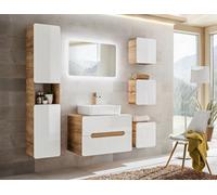 Impact Furniture Bathroom Furniture Set 800mm Vanity Unit With Sink Tall Cabinet And Wall Hung Cube Storage White Gloss And Oak Aruba