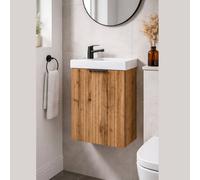 Impact Furniture Cloakroom Vanity Unit With Sink 400mm Bathroom Cabinet Ribbed Fluted Oak Modern Wall Hung Slimline Narrow Adel