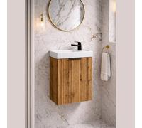Impact Furniture Cloakroom Vanity Unit With Sink 400mm Ribbed Fluted Oak Modern Wall Hung Bathroom Cabinet Slimline Narrow Adel