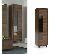 Impact Furniture Glass Display Cabinet Tall Slim Narrow Walnut Effect Black Shelving Unit Mid Century Modern Semi Glazed Door Frida