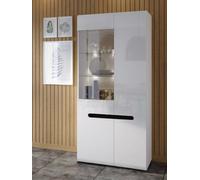 Impact Furniture Glass Display Cabinet Wide Tall 2 Door Buffet Unit With Led Lights White High Gloss Multi Insert Black Gloss Or Wenge Azteca