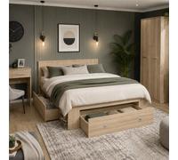 Impact Furniture King Size Bed With Drawers Shelves Headboard Storage Bedframe Light Oak Sonoma Euro 160Cm Wooden Slats Nepo