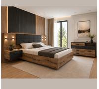 Impact Furniture Luxury Bedroom Furniture Set King Size Bed Frame Bedside Cabinets Led Lights Usb Charges Sideboard Dark Oak Black Kassel