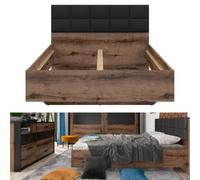 Impact Furniture Luxury Euro Double 140Cm Bed Frame Oak Effect Black Headboard Solid Slats Kassel