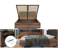 Impact Furniture Luxury Euro Double 140Cm Bed Frame Ottoman Lift Up Oak Effect Black Headboard Solid Slats Kassel
