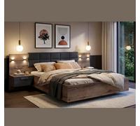 Impact Furniture Luxury King Size Bed Frame Padded Headboard Led Light Usb Usbc Chargers Bedside Cabinets Oak Black Euro Bed Kassel