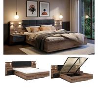 Impact Furniture Luxury King Size Bed Ottoman Storage Headboard Led Lights Usb Chargers Bedside Cabinets Lift Up Euro Frame Oak Black Kassel