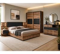 Impact Furniture Luxury King Size Bedroom Furniture Set Sliding Wardrobe Bed Frame Bedsides Sideboard Usb Charger Led Light Oak Black Kassel