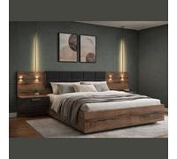 Impact Furniture Luxury Super King Size Bed Frame Padded Headboard Led Light Usb Usbc Chargers Bedside Cabinets Oak Black Kassel