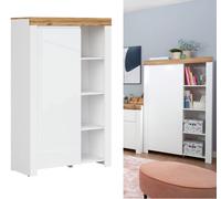 Impact Furniture Slim Shelving Bookcase Unit Soft Close Door 156Cm White Gloss Oak Effect Holten