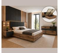 Impact Furniture Super King Size Ottoman Bed Luxury Storage Frame With Bedsides Cabinets Led Lights And Sideboard Oak Black Set Kassel