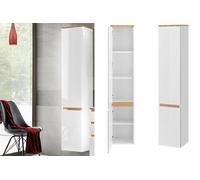 Impact Furniture Tall Bathroom Cabinet Wall Hung Storage Unit Modern Scandi Shelving White Gloss Oak Finish Plat