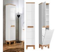 Impact Furniture Tall Bathroom Cabinet With Laundry Basket Slim Narrow Freestanding Storage Unit White Gloss And Oak Bali