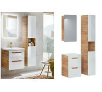 Impact Furniture Vanity Drawer Wall Cabinet With 400mm Sink With Tall Unit And Mirror Cabinet Bathroom Furniture Set White Gloss / Oak Aruba