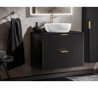 Impact Furniture Vanity Wall Hung Unit With Basin 800mm Black Countertop Worktop Bathroom Drawer Cabinet Ribbed Fluted Adel
