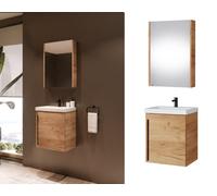 Impact Furniture Wall Hung 500mm Vanity Unit With Basin And Mirror Cabinet Set Wall Storage Narrow Slimline Bathroom Oak Effect Avir