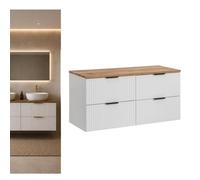 Impact Furniture White Double Vanity Unit With Drawers 1200mm Oak Countertop Wall Hung Bathroom Cabinets Ribbed Fluted Floating Adel
