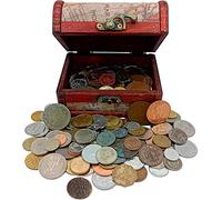 IMPACTO COLECCIONABLES Treasure of Coins - 1 Lb of Coins + 18th Century VOC Duct Penny + Wooden Treasure Chest (Graded by American Numismatic Association, Fine)