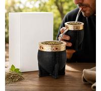 Imperial Argentine Matte Kit, Stainless Steel Tea Cup, With Straw, Tea Pumpkin, One Bulb (Straw), Wrapped in Handmade Leather, Ideal for Gift and Travel (Black)