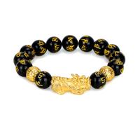 Imperial Fortune Feng Shui Bracelet - Pixiu Wealth & Luck Charm with Black Obsidian Beads, Gold Pi Yao Guardian, Mantra Prayer Beads, Adjustable Protection Jewelry for Men Women