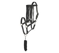 Imperial Riding Halter Set with Tie Rope & Fly Fringe - Durable Nylon Halter with Buckle, & Snap Hook, Comfortable & Easy to Clean, Black, Cob
