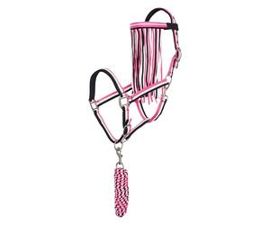 Imperial Riding Halter Set with Tie Rope & Fly Fringe - Durable Nylon Halter with Buckle, & Snap Hook, Comfortable & Easy to Clean, Neon Pink, Shetty