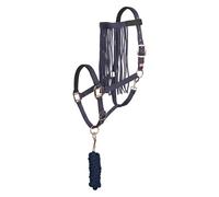 Imperial Riding Halter Set with Tie Rope & Fly Fringe - Robust Nylon Halter with Buckle, & Snap Hook, Comfortable & Easy to Clean, Navy, Full