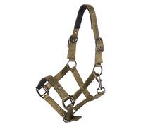 Imperial Riding Headcollar IRH-Rebel - Shiny Satin Polyester, Heavy Duty Nylon Base, Black Metal Fittings & Logo Coin Detail, Stylish Premium Halter for Stable & Willow, Olive Green, Pony