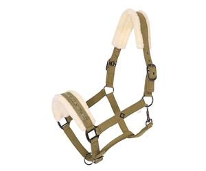 Imperial Riding Headcollar IRHJewel - Glamorous Softshell Headcollar with Faux Fur Padding & Rhinestones, Adjustable, Comfortable Horse Halter for Stable, Training & Pasture, Olive Green, Pony
