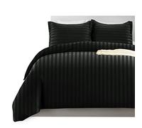 Imperial Rooms Double Duvet Set Reversible Stripes Satin Bedding Set with Pillowcases Breathable Microfiber Duvet Cover (Black 200x200 Cm)