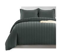 Imperial Rooms Double Duvet Set Reversible Stripes Satin Bedding Set with Pillowcases Breathable Microfiber Duvet Cover (Charcoal 200x200 Cm)