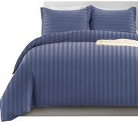Imperial Rooms Double Duvet Set Reversible Stripes Satin Bedding Set with Pillowcases Breathable Microfiber Duvet Cover (Washed Blue 200x200 Cm)