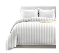 Imperial Rooms Double Duvet Set Reversible Stripes Satin Bedding Set with Pillowcases Breathable Microfiber Duvet Cover (White 200x200 Cm)