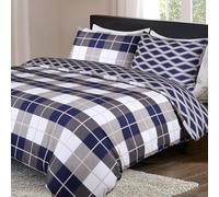 Imperial Rooms Double Duvet Set Soft Printed Bedding Set Brushed Microfiber Duvet Cover with Pillowcases (Navy Check 200x200 CM)