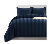 Imperial Rooms Single Duvet Cover Set Reversible Stripes Satin Bedding Set with Pillowcase Breathable Microfiber Duvet Covers (Navy 135x200 Cm)