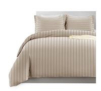 Imperial Rooms Single Duvet Cover Set Reversible Stripes Satin Bedding Set with Pillowcase Breathable Microfiber Duvet Covers (Beige 135x200 Cm)