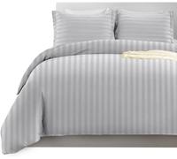 Imperial Rooms Super King Duvet Set Reversible Stripes Satin Bedding Set with Pillowcases Breathable Microfiber Duvet Covers (Silver 260x220 Cm)