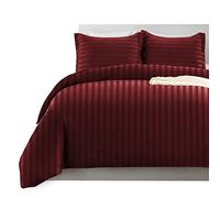 Imperial Rooms Super King Duvet Set Reversible Stripes Satin Bedding Set with Pillowcases Breathable Microfiber Duvet Covers (Burgundy 260x220 Cm)