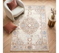 Imperium Homeware Machine Washable Rug, 120x170cm, Non-Slip Backing, Short Pile, Non-Shedding, Pet-Friendly - Area Rug for Living Room & Bedroom, Medallion Warm Ivory with Brown & Blue Accents