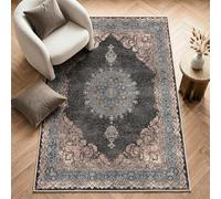 Imperium Homeware Machine Washable Rug, 120x170cm, Non-Slip Backing, Short Pile, Non-Shedding, Pet-Friendly - Area Rug for Living Room & Bedroom, Bosphorus Midnight Charcoal with Blue & Gold Accents