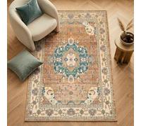 Imperium Homeware Machine Washable Rug, 200x300cm, Non-Slip Backing, Short Pile, Non-Shedding, Pet-Friendly - Area Rug for Living Room & Bedroom, Antique Terracotta & Teal with Ivory Accents