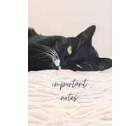 Important notes: A cat lover's note book with 120 lined pages featuring a pale pink cover with an image of a reclining black and white tuxedo cat