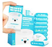 Impossibly Compact Travel Flushable Wipes - 99.5% Water and Aloe - Safe for Sensitive Skin - Travel Essentials for Adults, Kids & Babycare, Unscented, 24 Pack 144 Wipes