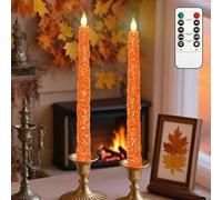 Impress Life Fall Flameless Taper Candles, Carved Maple Leaf Real Wax Candles with Remote Battery Operated LED Candlesticks for Autumn, Halloween, Thanksgiving Decor, Set of 2