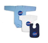 Impress Retail NASA Baby Boy and Girl Outfits Bundle with Meatball Logo, Blue Long Sleeve Bodysuit, White T-Shirt, and Navy Bib, Pack of 3 - 0-3 Months