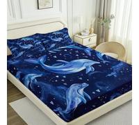 Impressionism Dolphin Love Heart Print Fitted Sheets, Soft Breathable Microfiber Anti-slip Navy Blue White Fitted Sheets, 71" x 79" Bedding Set for Children Adults Single Double King Size Bed